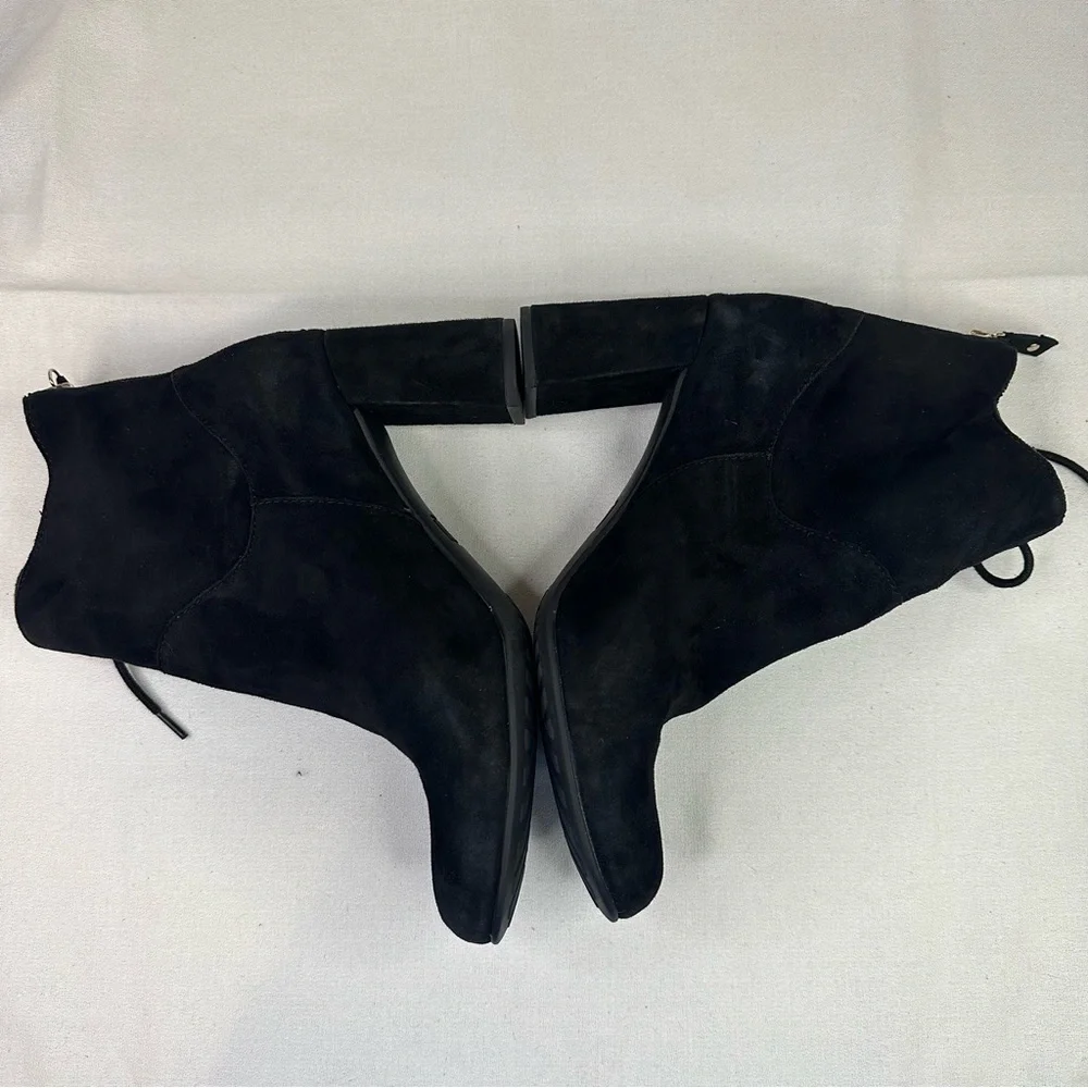 Black Suede Ankle Boots Block Heel Lace Back Zip Booties Size 7.5M Leather Upper